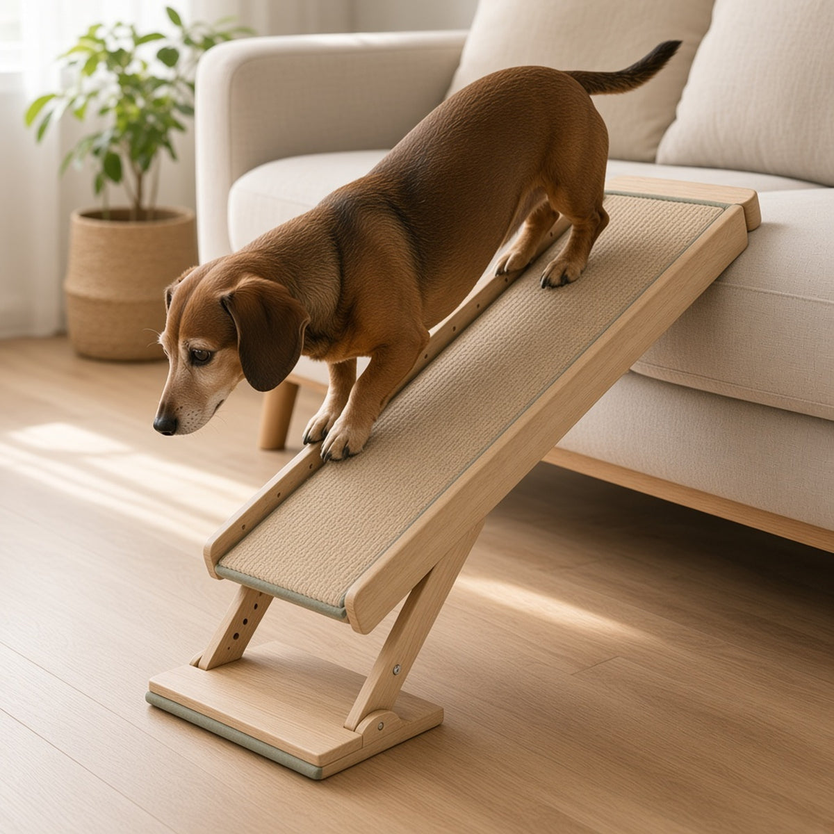 Adjustable Joint Support Ramp - dog walking up the ramp to a sofa