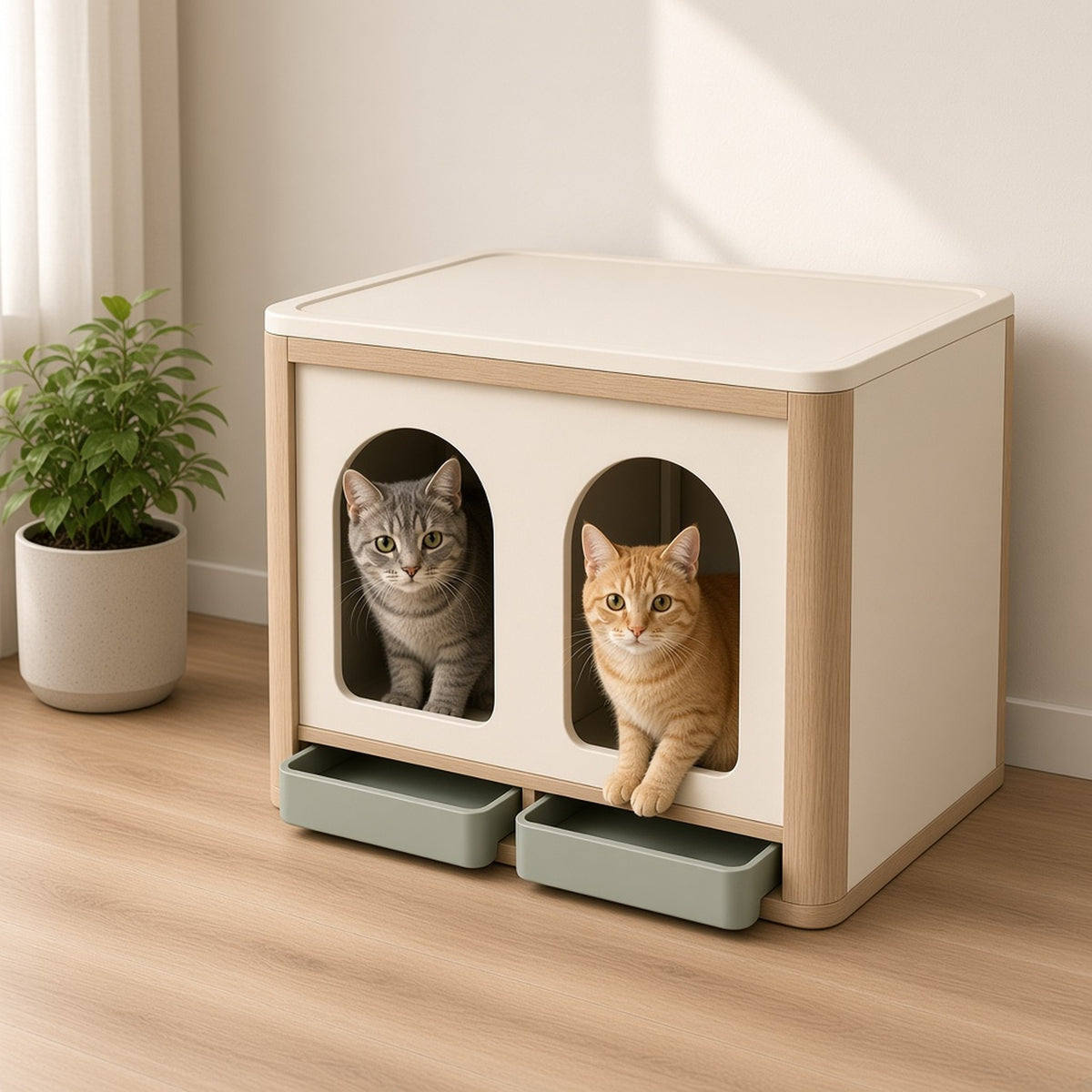 Dual-Zone Litter Enclosure - two cats using the enclosure at home