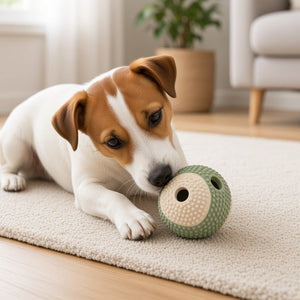 Interactive Scent Trail Ball - dog playing with the ball on a rug