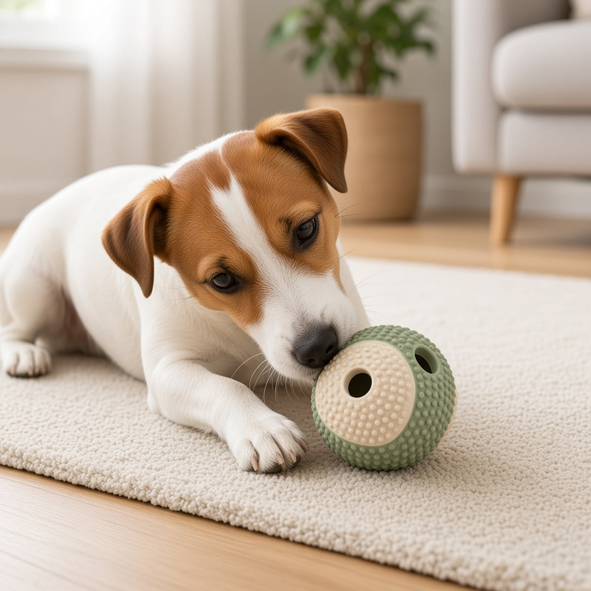 Interactive Scent Trail Ball - dog playing with the ball on a rug