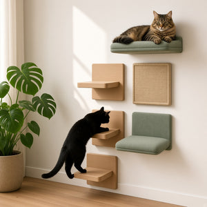Modular Cat Climbing Wall Set - cats climbing the wall panels at home