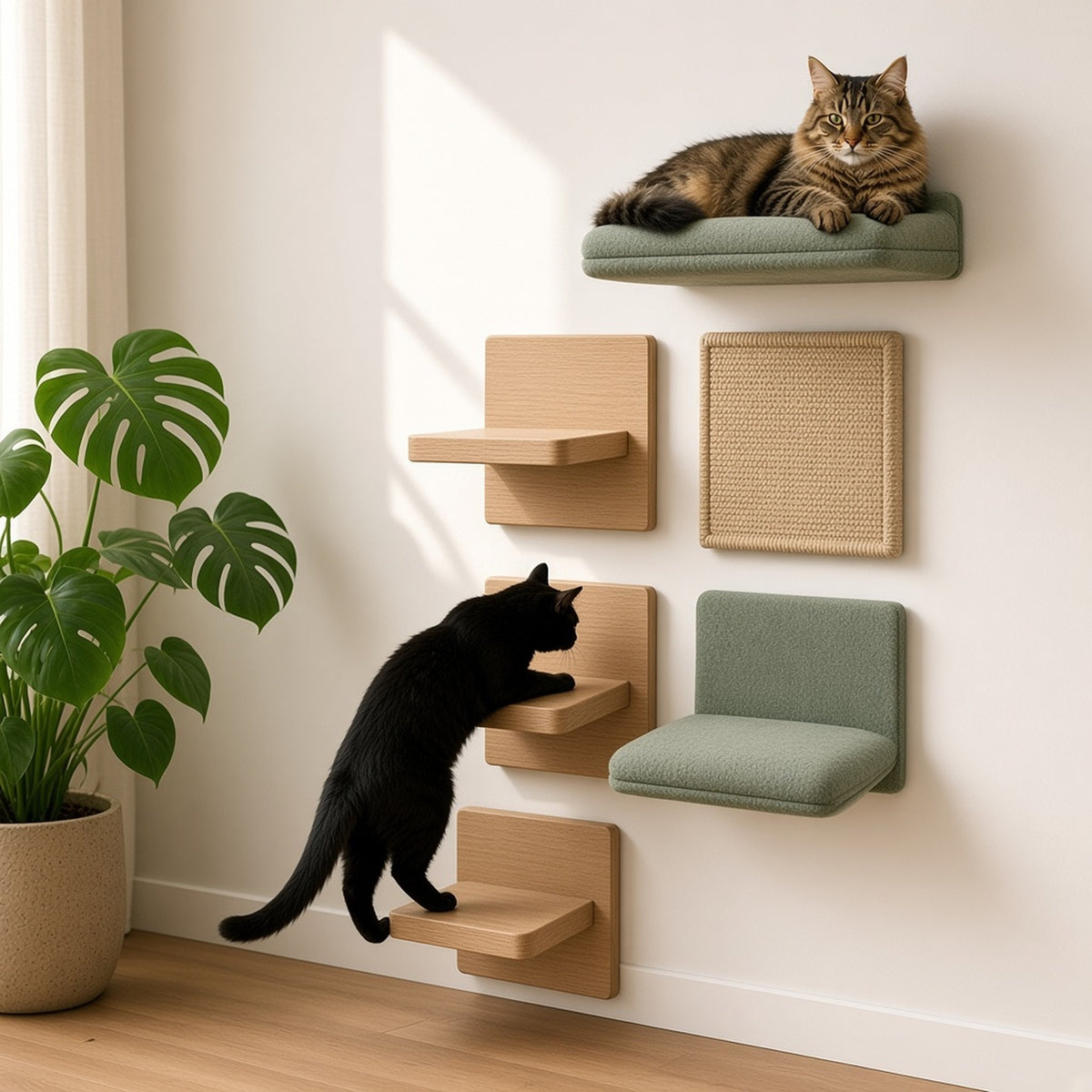 Modular Cat Climbing Wall Set - cats climbing the wall panels at home