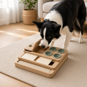 Multi-Level Foraging Enrichment Board - dog sniffing out treats on the board