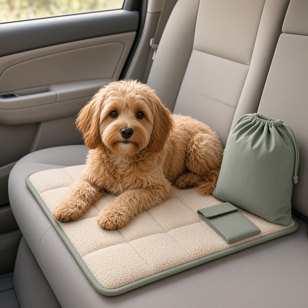Portable Travel Calming Mat - dog lying on the mat on a car seat