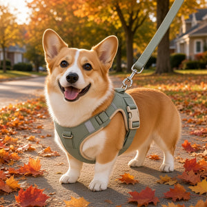 Quick-Release Reflective Harness - corgi wearing the harness on an autumn walk